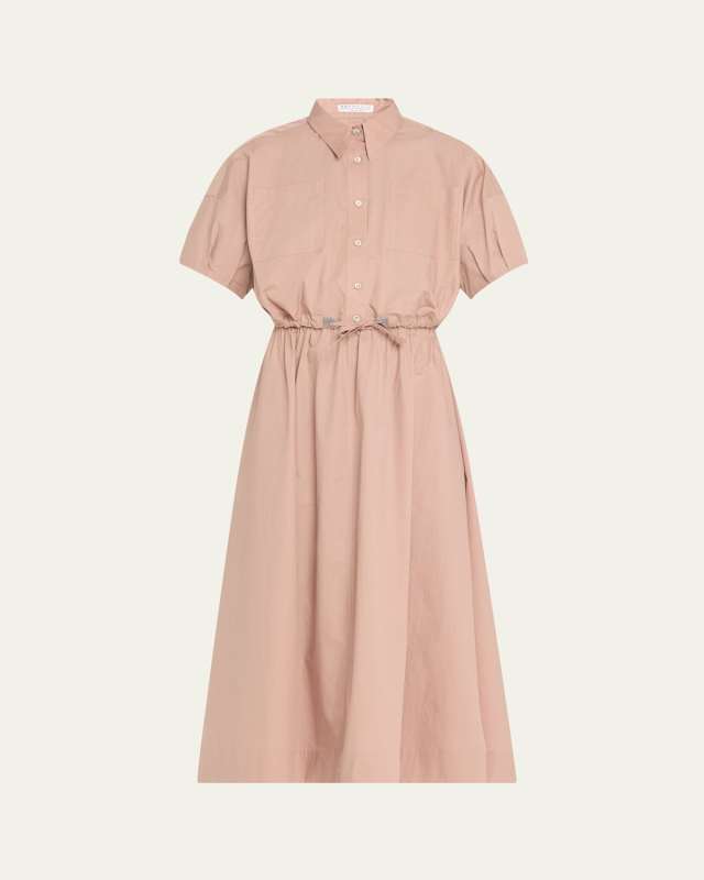 Fit-Flare Drawcord Poplin Asymmetric Midi Shirtdress